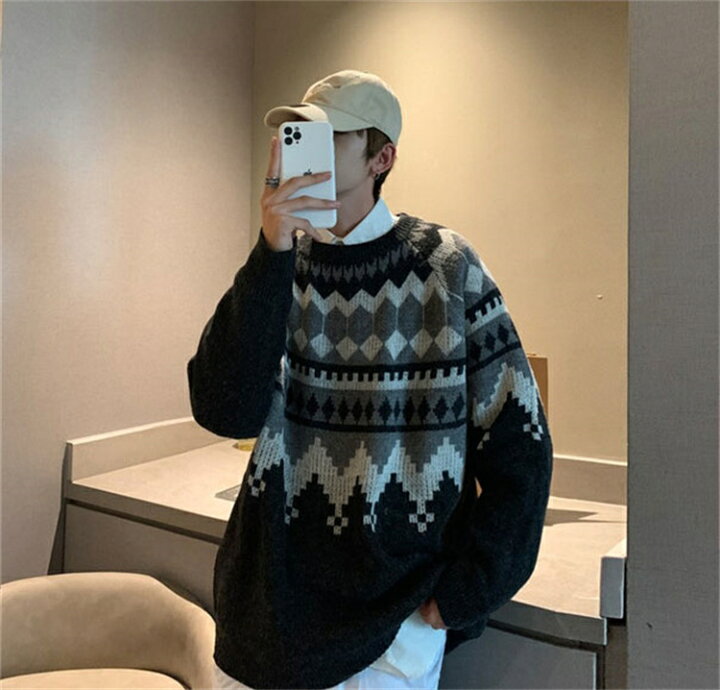 楽天市場】メンズ モックネック ネイティブ柄 ニット 長袖 セーター 