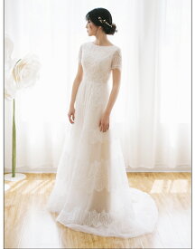 ボヘミアオフホワイトシンプルレースドレスウェディングドレス二次会 結婚式前撮りドレスガーデンウエディング