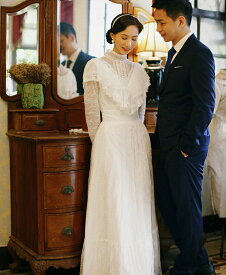 オフホワイト 長袖 レース レトロ ワンピース パイネッククラシカル ウェディングドレス 二次会 結婚式 花嫁 前撮りドレス