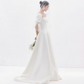 韓国風氣質サテンシンプルスクエアネックウェディングドレス二次会結婚式花嫁前撮り編み上げドレス