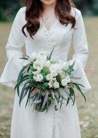 フランス風シンプルサテンヴィンテージ袖付きドレスウェディングドレス二次会結婚式海外挙式前撮りドレスレストランウエディング