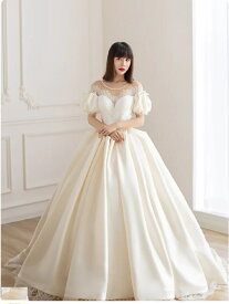 高品質 欧米風 ボリューム感 サテン ウェディングドレス 結婚式 挙げ式ドレスリボントレーンワンピース