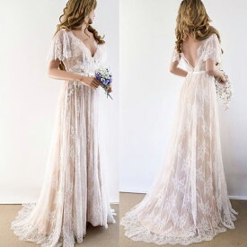 シンプルレトロレースVネック持ちやすい軽量ドレスウェディングドレス二次会結婚式前撮りドレス