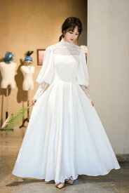 シンプル レトロク ラシカル 上品 エレガント ハイネック ウェディングドレス 二次会 結婚式ドレス
