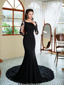 ブラック シンプル 着痩せ ファスナー マーメイドライン ロングスリーブ ウェディングドレス トレーン イブニングドレス