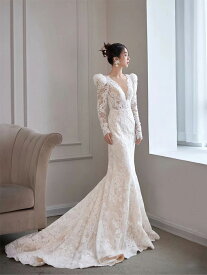シンプル Vネック 上品 高品質 マーメイドライン レースウェディングドレス ヴィンテージ袖付きドレス結婚式パーティードレス