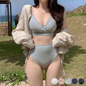 ビキニ レディース 韓国 水着 ハイウエスト ギャザー 無地 シンプル セパレート さわやか ガーリー パウダーカラー おしゃれ かわいい 体系カバー ホワイト ピンク ブルー ネイビー ブラック