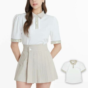 ゴルフウェア レディース 韓国 ポロシャツ 半袖 5分袖 Tシャツ トップス バイカラー 襟 ロゴ レタリング 配色 上品 フェミニン エレガント おしゃれ ゴルフ ゴルフウエア ウエア 秋 春 夏 スポ