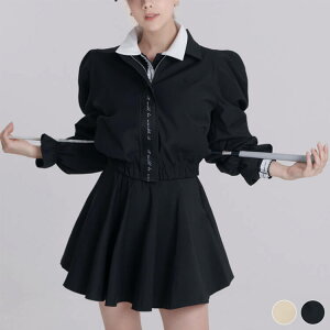 ゴルフウェア レディース 韓国 アウター ジャンパー ブルゾン パフスリーブ ジャケット 秋 春 おしゃれ かわいい リボン フェミニン エレガント ゴルフ ゴルフウエア ウエア 黒 ベージュ ス