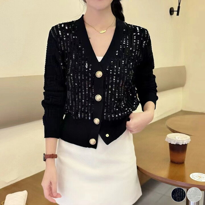 楽天市場】カーディガン レディース スパンコール 韓国 金ボタン V 