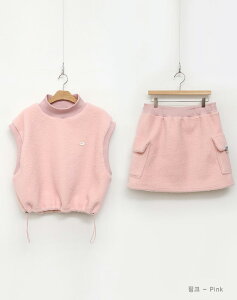 ゴルフウェア セットアップ レディース 韓国 上下 セット 秋 冬 秋冬 ボア ハイネック かわいい おしゃれ スカート ベスト カーゴスカート ピンク 白 黒 緑 ポケット 配色 もこもこ ノースリ