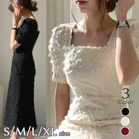 ドレス レディース 韓国 パーティードレス 半袖 スクエアネック 膝丈 ミモレ丈 結婚式 二次会 パーティー 謝恩会 パフスリーブ 白 黒 赤 メール便送料無料 ワンピース フォーマル ギフト プレゼント