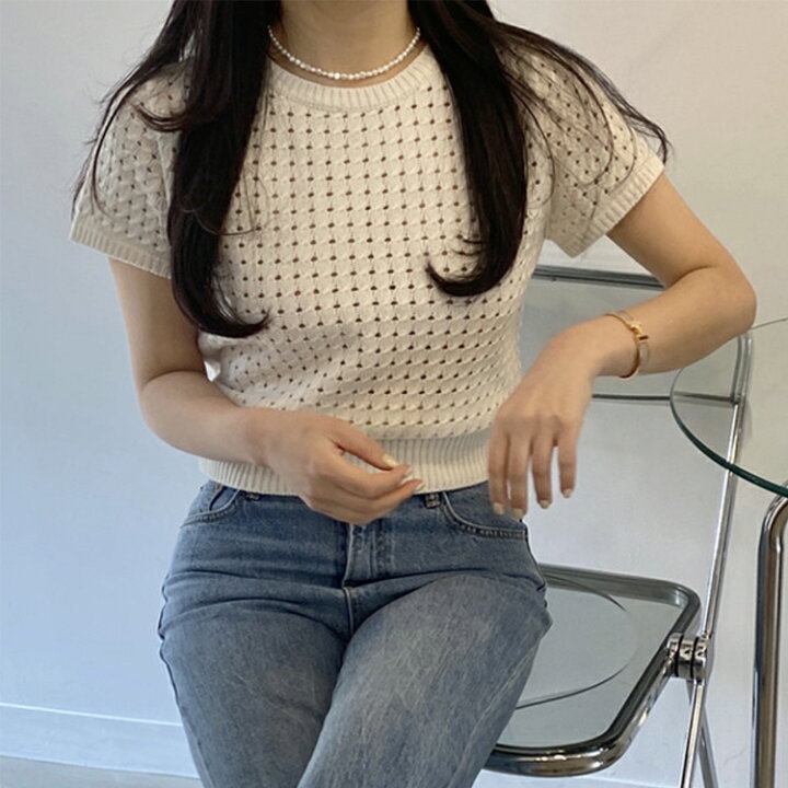 Tシャツ レディース ニット 半袖 サマーニット メッシュ ショート丈 春 夏 トップス カジュアル おしゃれ かわいい 透かし編み クロシェ ピンク 白 ホワイト Dazzle-ダズル- Rejaaue レディース トップス シャツ ブラウス 長袖 デニム風