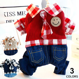 楽天スーパーSALE限定10％OFF★ 犬服 猫服犬 猫 犬用 猫用 春 秋 繋ぎウェア カバーオール ペット服 チェック柄 デニムスーツ デニム ネクタイ ツナギ おしゃれ 可愛い お散歩 散歩服 服 小型犬 中型犬 お出かけ 暖かい XS S M L XL