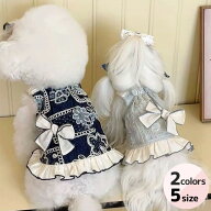 犬服 猫服 いぬ服 ねこ服ワンピース 小型犬用 中型犬用 リボン付き パッチワーク風 デニム風 夏服 通気性…