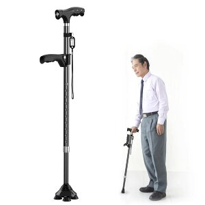 ステッキ 杖 倒れない 自立式4点杖 男女兼用 スマートケーン伸縮式 軽量 アルミ製 補助ハンドル付き 高齢者 介護/歩行支援 松葉杖 LEDライト付き 夜間散歩 母の日 父の日 敬老の日 プレゼント