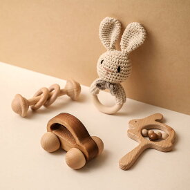 ベビー 木製 ラトル ガラガラ ウサギ 4個セット 赤ちゃん おもちゃ 出産祝い 男の子 女の子 無塗装 幼児 ミニカー ギフト 贈り物 知育玩具