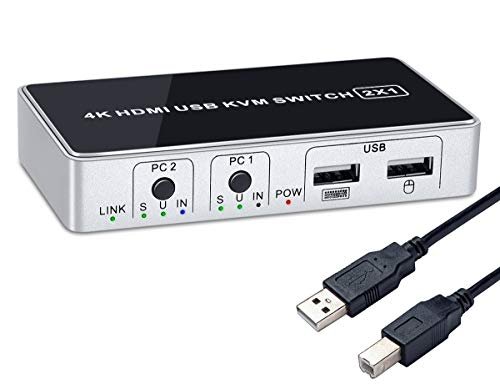 MR:BLUPOW 2ポートHDMI KVMスイッチ USBキーボード・マウス・HDMIモニタを共有 パソコン切替器(PC2台用) 4K30Hz・HDMI1.4・USB2.0対応 ホットキー切り替え バスパワー 電源不要 USB2.0ケーブル2本付属 VA81