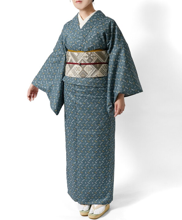 楽天市場】木綿着物 単衣 小柄 レトロパターン かすれ 青緑 藍色 