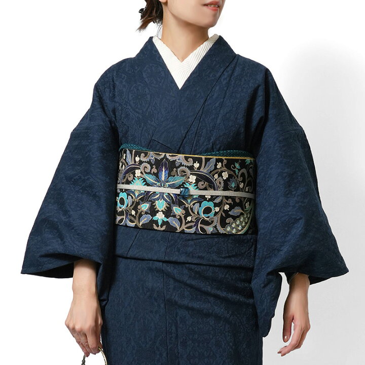 楽天市場】着物 紺 ネイビー 青 ジャガード 花唐草 デニム ストレッチ 