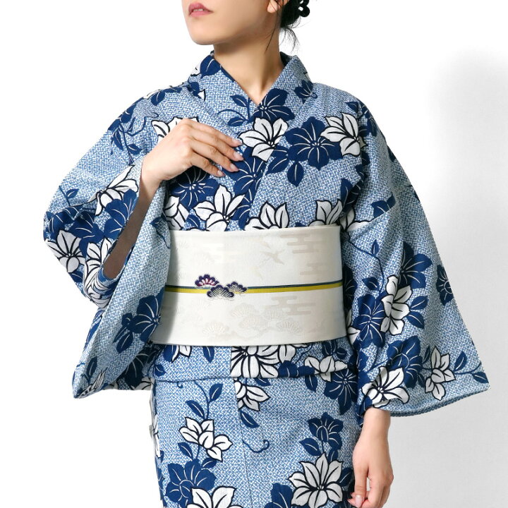 楽天市場】夏着物 つやび×雅姫 藍捺染 綿麻 鉄線 古典柄 花柄 青 白 