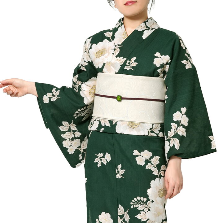 楽天市場】浴衣 深緑に牡丹 緑 クリーム オフ白 花 ポリエステル 