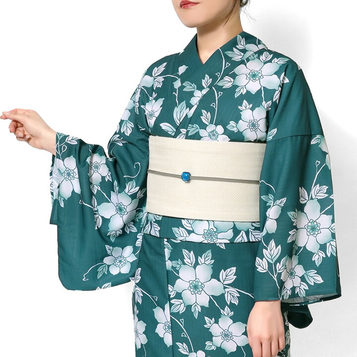 楽天市場】浴衣 青緑に鉄線花 ターコイズ グリーン 花 ポリエステル 
