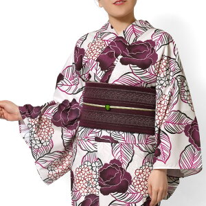 浴衣 紫陽花と芍薬 ボルドー 赤紫 オフ白 クリーム アジサイ 花 ポリエステル アイロンレス 古典柄 レディース レトロ モダン 上品 女性用 仕立上がり 単品 30代 40代 50代 djow