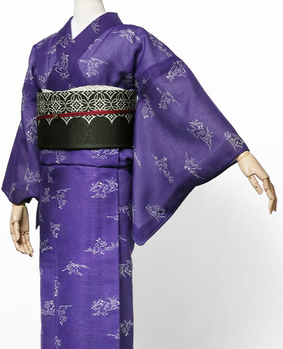 楽天市場】着物 単衣 絹紅梅 長板染め 鳥獣戯画 うさぎ 紫 レディース 
