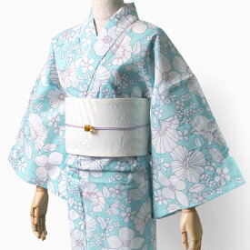 【スーパーSALE】夏着物 綿絽 そしてゆめ 花柄 植物 水色 白 パステル 古典柄 レディース レトロ モダン 女性用 仕立上がり 単品 浴衣 日本製