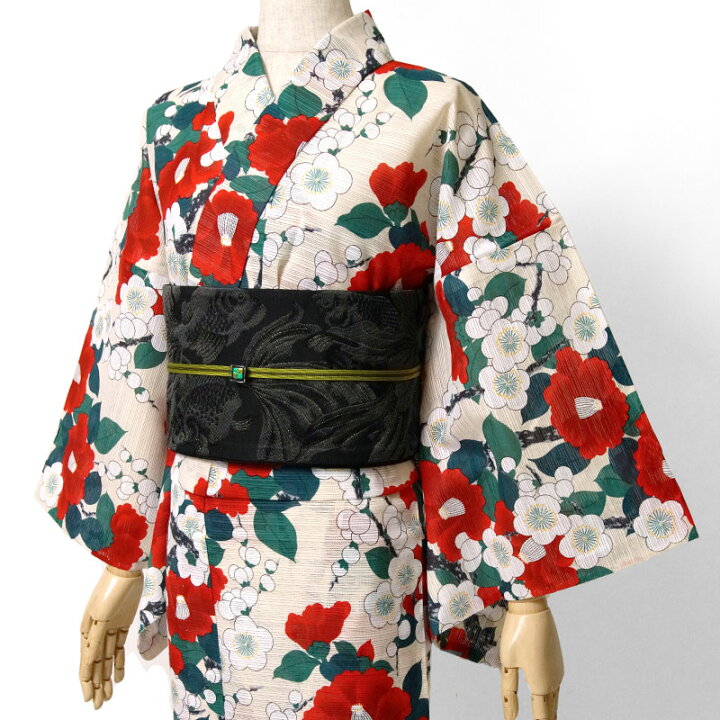 楽天市場】夏着物 綿絽 岡重 梅 椿 花柄 クリーム 赤 古典柄 