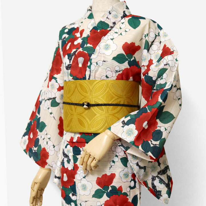 楽天市場】夏着物 綿絽 岡重 梅 椿 花柄 クリーム 赤 古典柄 