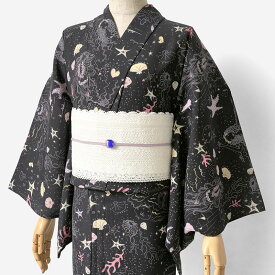 浴衣 tsumori chisato セオアルファ 海 貝 珊瑚 黒 ブラック レディース 夏着物 30代 40代 50代 モダン ポップ メルヘン 個性的 女性用 仕立上がり 単品 夏 日本製 ツモリチサト