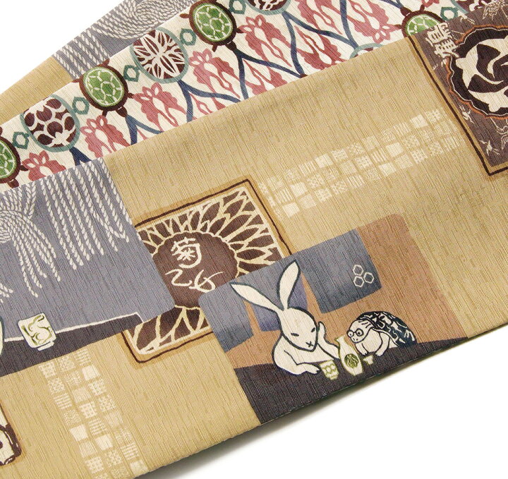 新品未使用】WAKKA 付き はしご酒 鳥獣戯画 個性的 正絹 長尺 リバーシブル