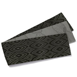 半幅帯 変わり織り 幾何学 アッシュグレー 黒 いちご 苺 レトロ モダン シック 細帯 半巾帯 小袋帯 リバーシブル 普段着 長尺 日本製