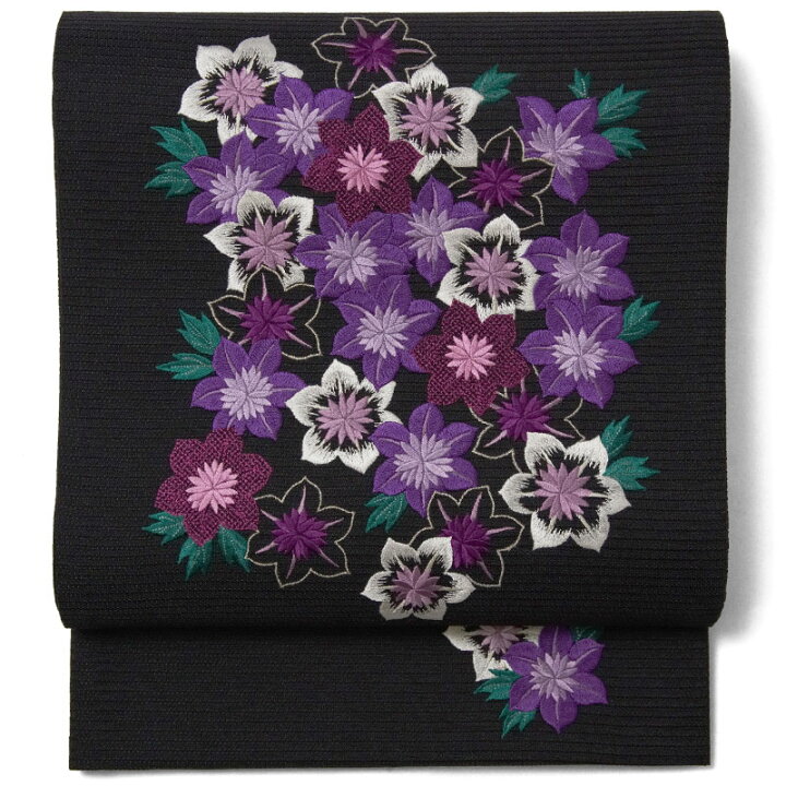 楽天市場】撫松庵 一重太鼓袋帯 絽 鉄線尽くし 黒 紫 花 刺繍 