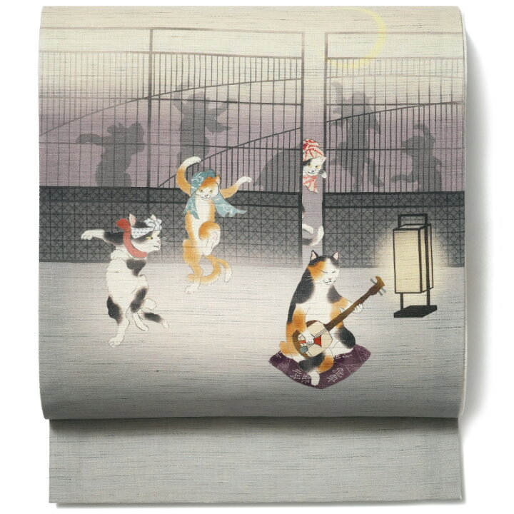 楽天市場】京袋帯 WAKKA 麻 猫の踊り場 グレー 三味線 三毛猫 ハチワレ  