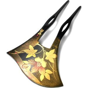 かんざし 紅葉 花 蒔絵風 黒 金 ピンク バチ型 フォーマル 結婚式 成人式 髪飾り ヘアアクセサリー 和装 振袖 浴衣