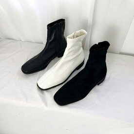 ショートブーツ ストレッチ サイドジップ レザー スエード ローヒール フラット レディースシューズ 黒 白 ブラック ホワイト 靴 婦人靴