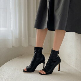 ショートブーツ サンダル オープントゥ バックジップ レディース ハイヒール ピンヒール スエード レザー 黒 白 ブラック ホワイト 靴 婦人靴 韓国