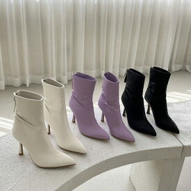 ショートブーツ ポインテッドトゥ バックジップ レディース ピンヒール ハイヒール 黒 紫 白 ブラック パープル ホワイト 歩きやすい 靴 婦人靴 韓国