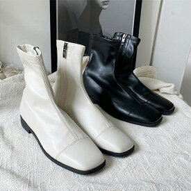 ショートブーツ サイドジップ スクエアトゥ フラット レディース ローヒール 黒 ブラック アイボリー 歩きやすい 痛くない カジュアル 靴 婦人靴 韓国