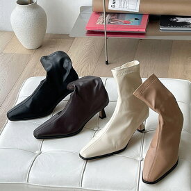 ショートブーツ スクエアトゥ サイドジップ レディース ミドルヒール 黒 茶色 ブラック ブラウン ベージュ アイボリー 歩きやすい 靴 婦人靴 韓国