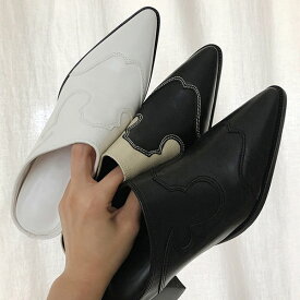 ミュール サンダル ポインテッドトゥ レディース チャンキーヒール 太ヒール 黒 白 ブラック ベージュ ホワイト 歩きやすい 痛くない 靴 婦人靴 韓国