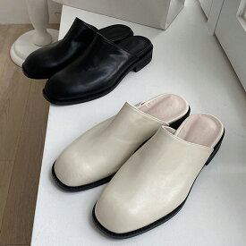 サンダル ミュール スクエアトゥ フラット レディース ローヒール 黒 ブラック アイボリー 歩きやすい 痛くない カジュアル シンプル 革靴 靴 婦人靴 韓国
