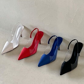 サンダル ポインテッドトゥ クリア 透明 PVC バックストラップ レディース ハイヒール 黒 赤 青 白 ブラック レッド ブルー ホワイト 靴 婦人靴 韓国