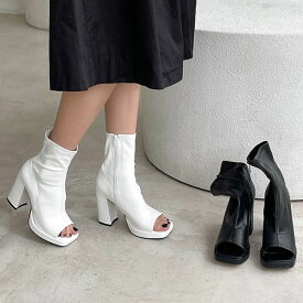 サマーブーツ ブーツサンダル サイドジップ オープントゥ ストーム レディース チャンキーヒール 太ヒール 黒 白 ブラック ホワイト シンプル 靴 婦人靴 韓国