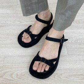 サンダル アンクルストラップ スエード フラット ウェッジソール 厚底 レディース 黒 ブラック 歩きやすい 痛くない カジュアル シンプル 靴 婦人靴 韓国