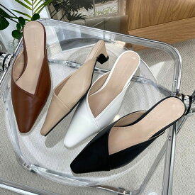 ミュール サンダル ポインテッドトゥ フラット レディース ローヒール 黒 茶色 白 ブラック ブラウン ベージュ ホワイト 歩きやすい 痛くない 靴 婦人靴 韓国