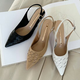 サンダル パンプス 天然牛革 編み込み バックストラップ ポインテッドトゥ レディース 黒 白 ブラック ベージュ ホワイト 歩きやすい 痛くない 靴 婦人靴 韓国